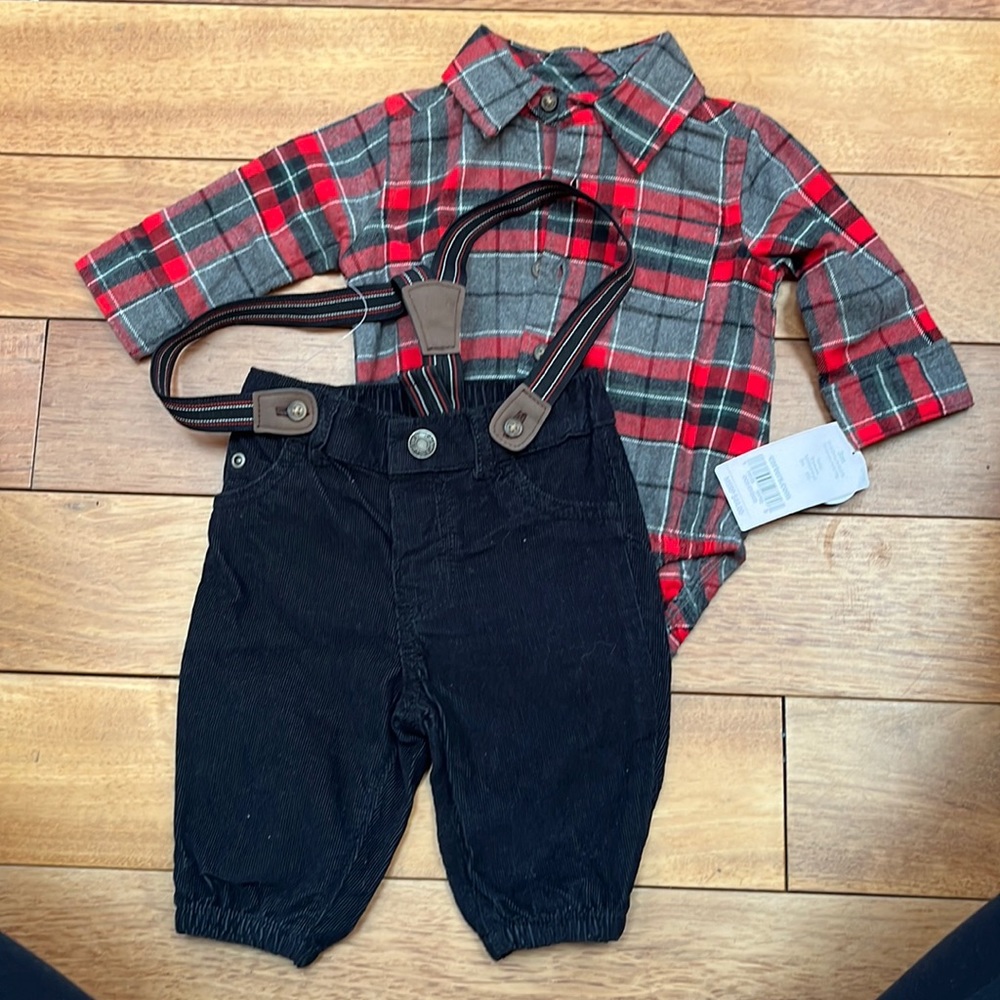 Carter’s 3m, 2 pieces flannel button down onsie with corduroy pants & suspenders